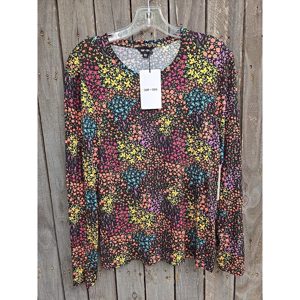 Saint + Sofia Austen Crew Neck Tee Ditsy Floral Black Long Sleeve Women’s Sz 14